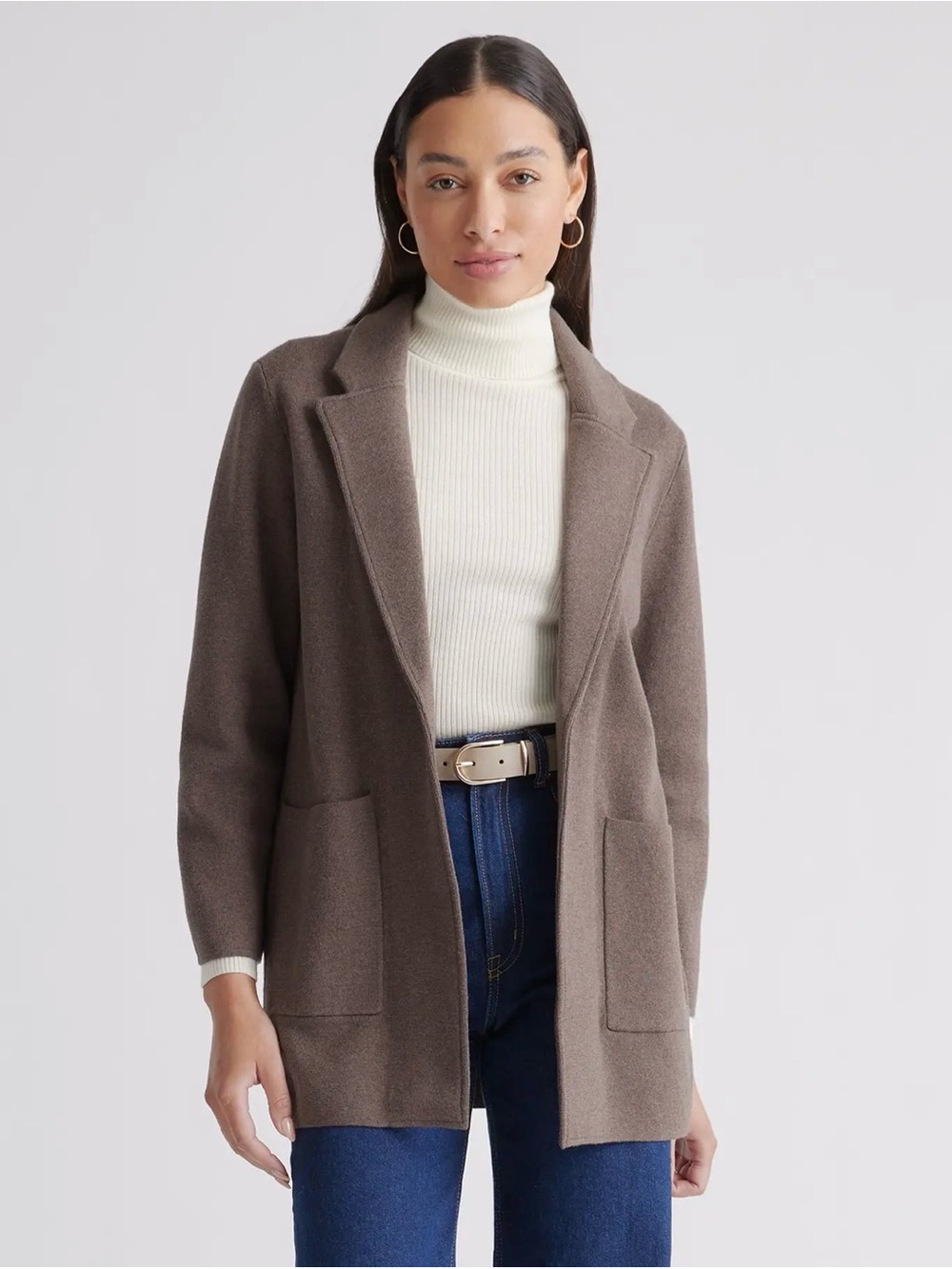 Quince Brown Open-Front Blazer Coatigan